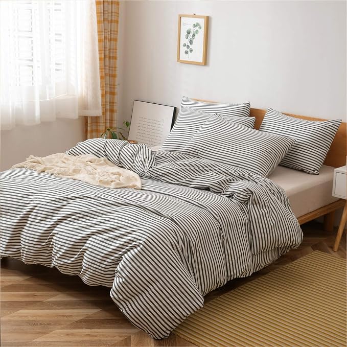 JELLYMONI 100% Natural Cotton 3pcs Striped Duvet Cover Sets, - Image 2