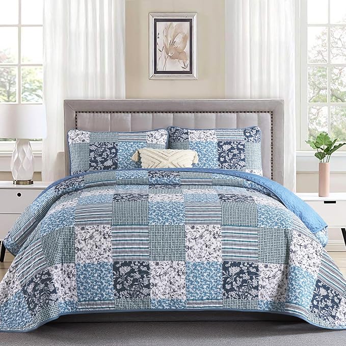 Mybedsoul Navy Blue Quilt Set King Size, 3 Pieces Plaid Floral Bedspread Set by Mybedsoul
