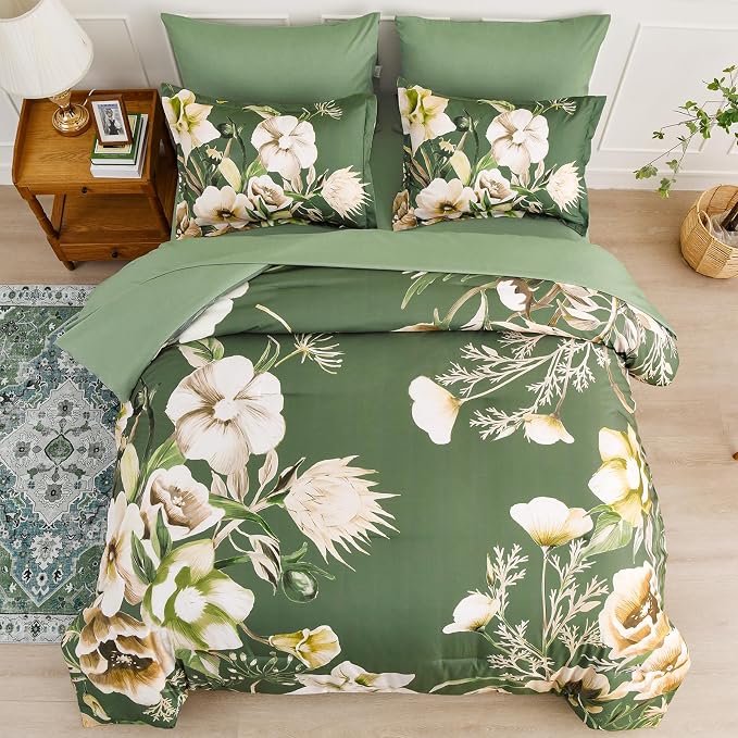 Luxudecor Floral Comforter Set Queen Size 7 Piece, Olive Green Flower Bed in a - Image 3