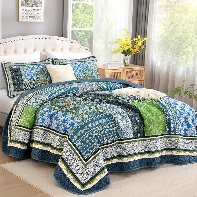 WONGS BEDDING Boho Quilt Queen, 3 Pieces Teal Patchwork Quilt Soft Coverlet - Image 2