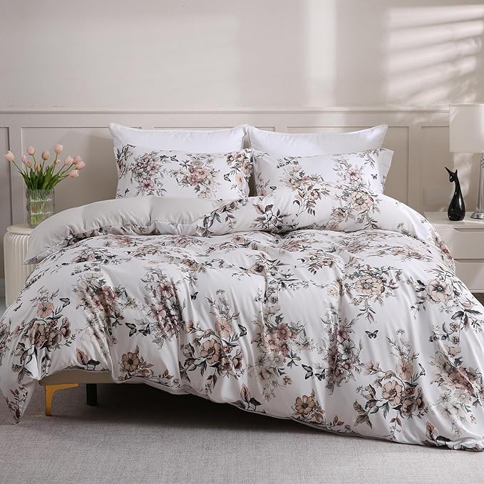LONAVA King Floral 3 Pcs Duvet Cover Set, Breathable Soft Microfiber Light Grey by LONAVA