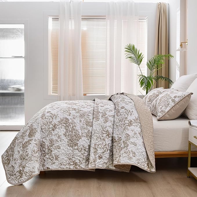 WONGS BEDDING Botanical Quilt Set California King Size, Khaki 3 Pieces Toile - Image 4