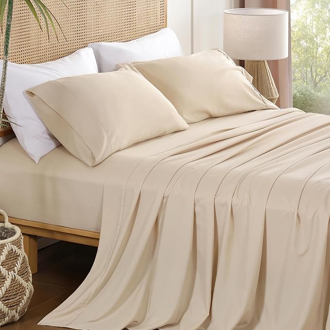Queen Sheet Set 4 Pieces, Wrinkle Free, Oeko-Tex Certified Bedsheets，Cream by Dreava