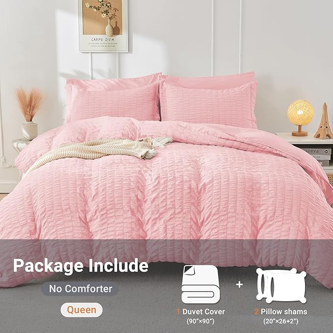 HYMOKEGE Pink Duvet Cover King Size, Ultra Soft 3-Piece Seersucker Duvet Cover - Image 5