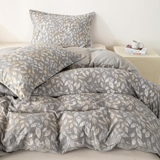 OAITE Grey Leaves Twin Size Duvet Cover-3 Pieces Prewashed Cotton-Like - Image 2