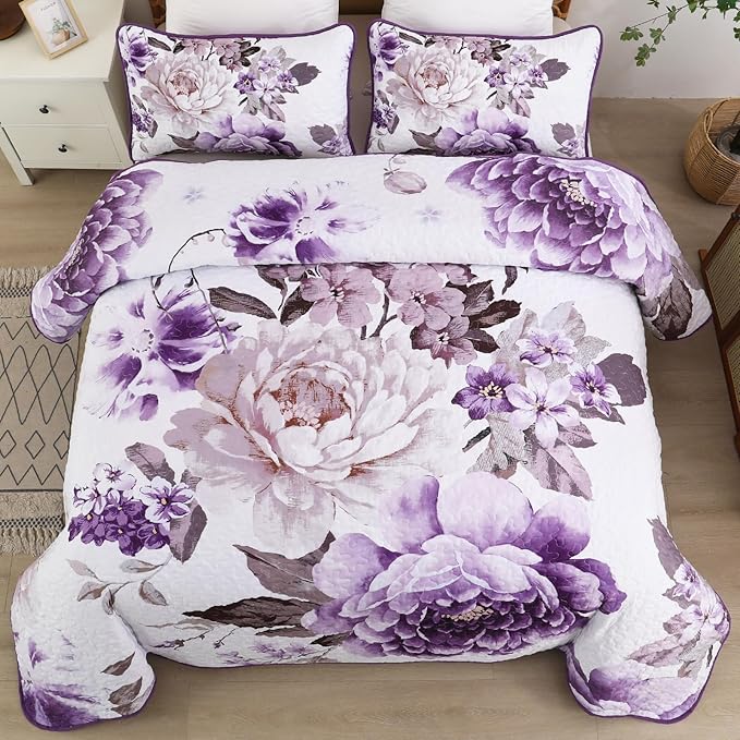 WONGS BEDDING Purple Floral Quilt Set King, 3 Pieces Reversible Lightweight - Image 2
