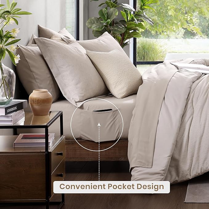 Monbix Full Size Comforter Set, Oatmeal Bedding Comforter - Image 4