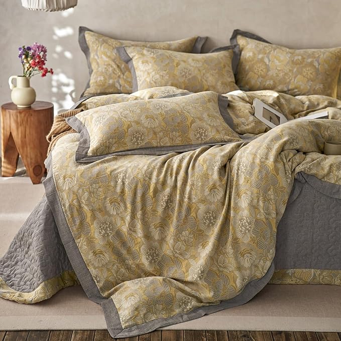 mixinni Duvet Cover King, Premium Cotton Double-Layer Yarn Golden Floral by mixinni