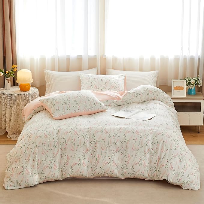 BOLINLIVING Pink Floral Duvet Cover King Size, Reversible Botanical Spring by BOLINLIVING