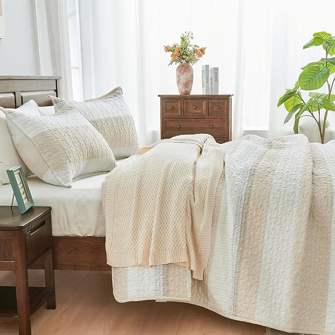Andency King Size Quilt Set Beige, 3 Pieces Beige Ultra Soft Lightweight - Image 2