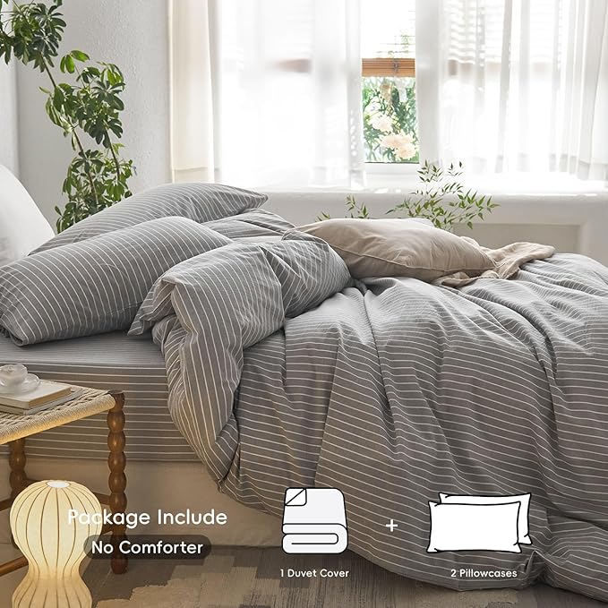MooMee Striped Duvet Cover Set 100% Washed Cotton Linen Like Textured - Image 2