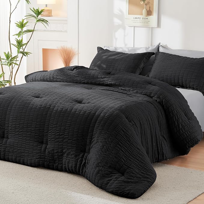 HYMOKEGE Black/Light Grey King Size Comforter Set Seersucker 7 Pieces, All - Image 8