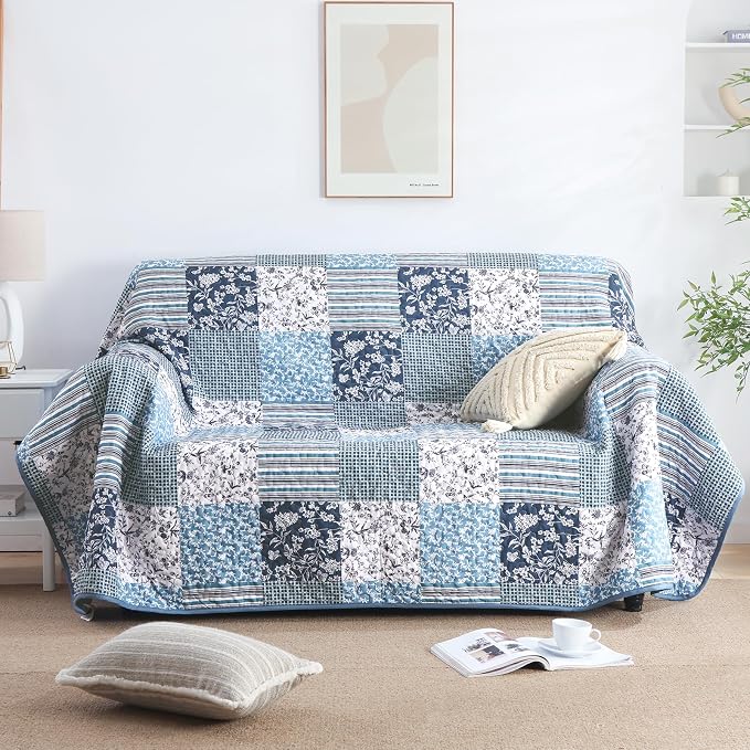 Mybedsoul Navy Blue Quilt Set Queen Size, 3 Pieces Plaid Floral Bedspread Set - Image 4