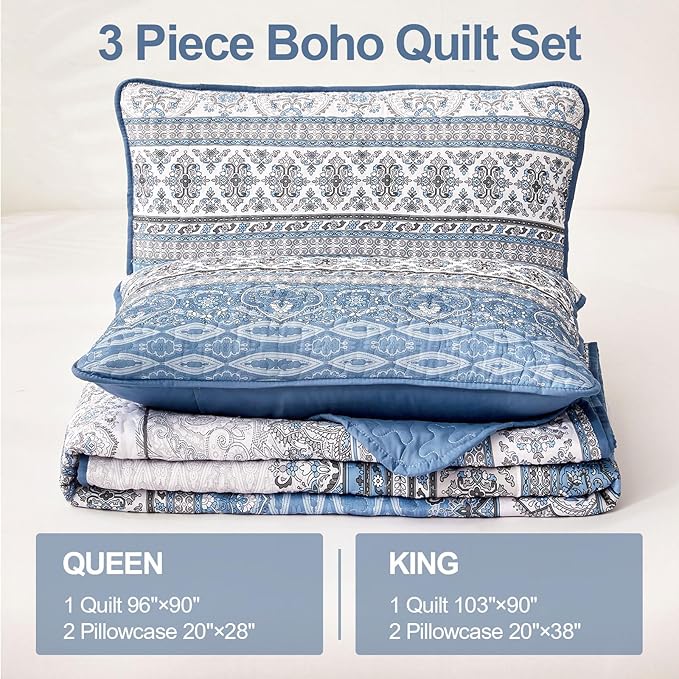 WONGS BEDDING Boho Queen Quilt Set, Light Blue Bohemian Queen Quilt Bedding Set - Image 6