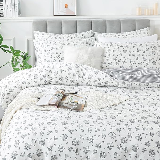 FADFAY Floral Duvet Cover Set King/Cal King Size 100% Cotton Grey White Flower - Image 9