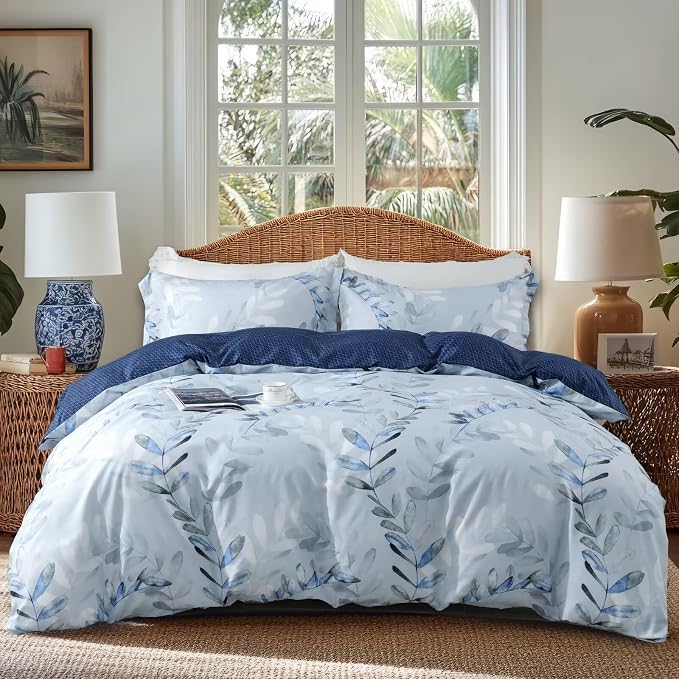 OAITE Duvet Cover Queen Size, Reversible Leaf Blue Duvet Cover Set by OAITE