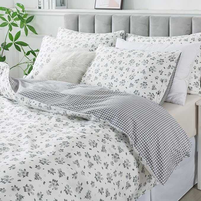 FADFAY Floral Duvet Cover Set King/Cal King Size 100% Cotton Grey White Flower - Image 8