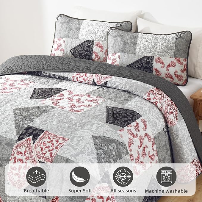 Mybedsoul Grey Red Patchwork Queen Size Quilt, Soft Paisley Floral Bedspreads - Image 3