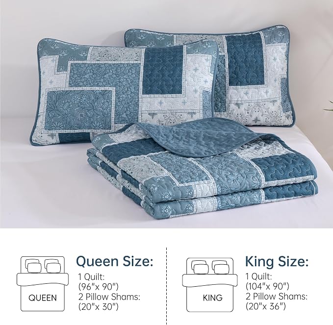 Xruibed Blue Boho Quilt Set King Size, 3 Pieces Plaid Floral Bedspread Coverlet - Image 9