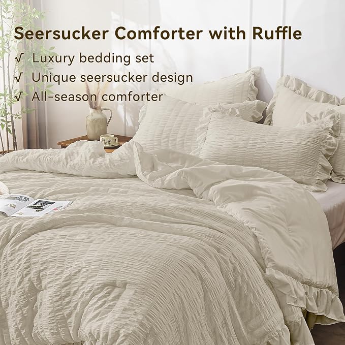 JOLLYVOGUE Full Size Comforter, 3 Pieces Oatmeal Seersucker Lightweight Full - Image 3