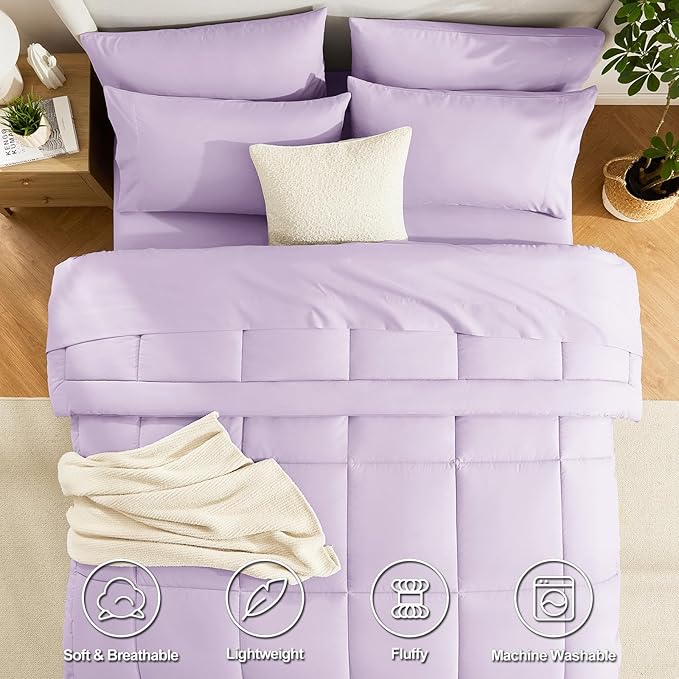 CozyLux Queen Comforter Set Lavender, 7 Pieces Bed in a Bag, Light Purple - Image 2