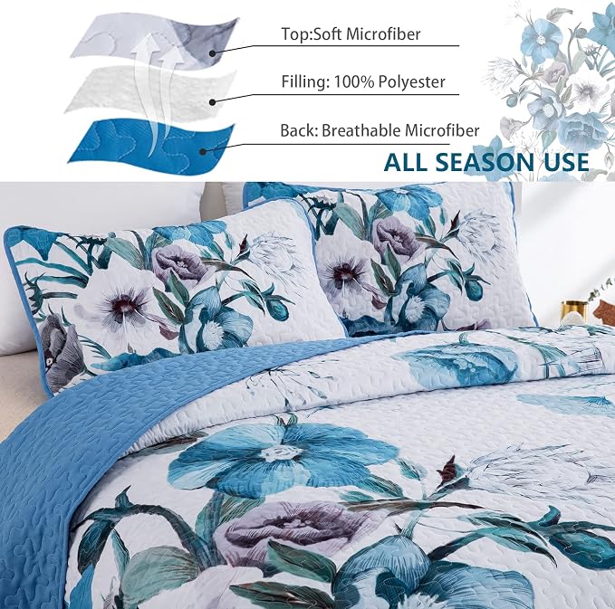 Floral Quilt Set Queen 3 Pieces Boho Blue Floral Quilt Coverlet Set Soft - Image 4
