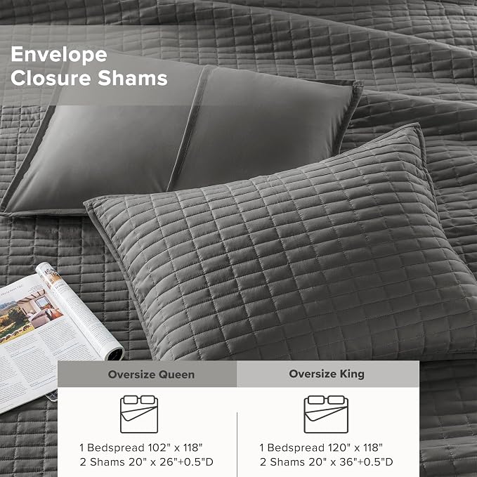 Comfort Spaces Charcoal Oversized Queen Quilt Set 102"x118" Bedspread Quilted - Image 5
