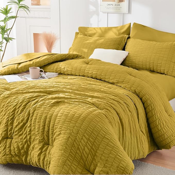 HYMOKEGE Mustard Yellow California King Comforter Set Seersucker 7 Pieces by HYMOKEGE