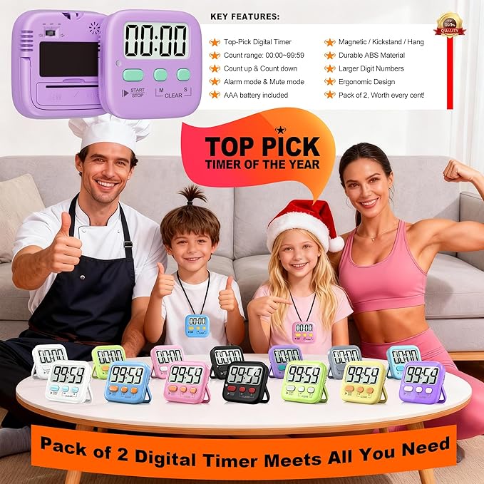 Antonki 2 Pack Digital Timer for Kids, Magnetic Countdown Kitchen Timers for - Image 8