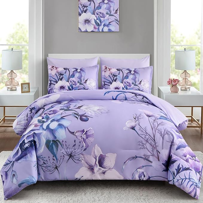 Luxudecor Lavender Purple Floral Comforter Set Queen Size 7 Piece, Flower Bed by Luxudecor