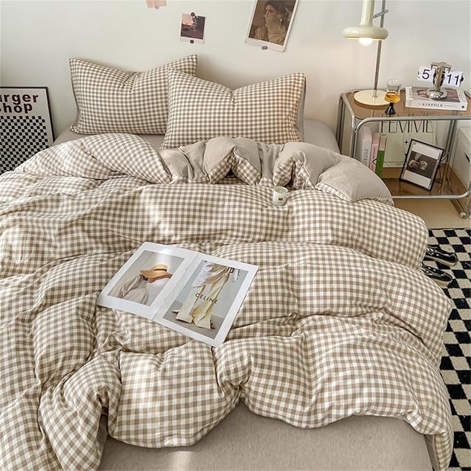 Nayoroom Gingham Duvet Cover Full Size Brown Tan Plaid Checkered Comforter - Image 2