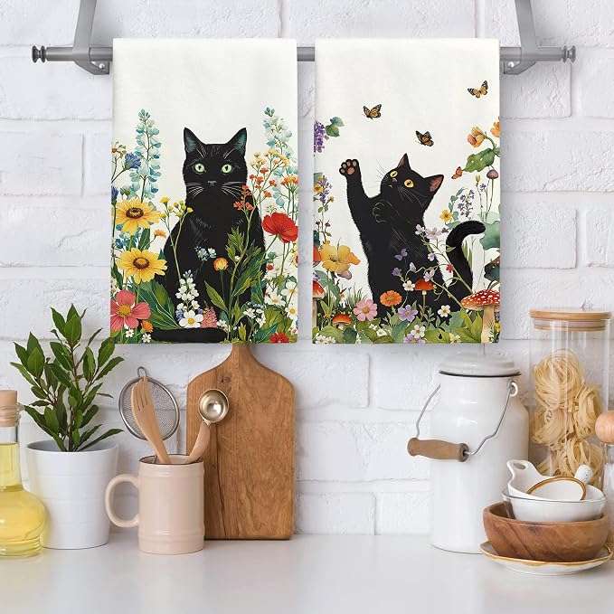 Accnicc 2 Pack Black Cat Bathroom Hand Towels Decorative Spring Floral Dish - Image 2