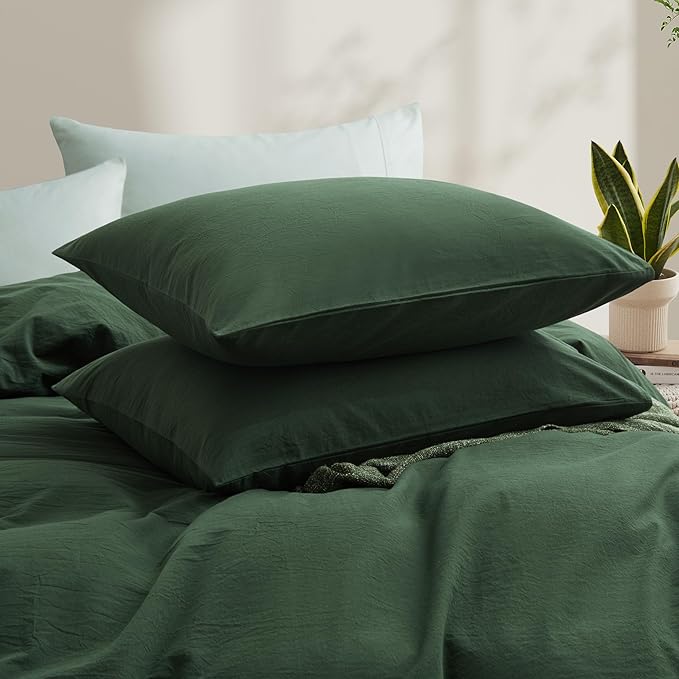 LOVQUE Forest Green Duvet Cover Full Size, 100% Washed Cotton Linen Like - Image 3