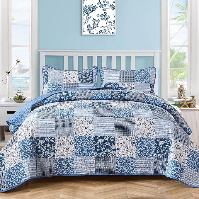 Mybedsoul Blue Quilt Set Twin Size, 2 Pieces Plaid Floral Bedspread Set by Mybedsoul
