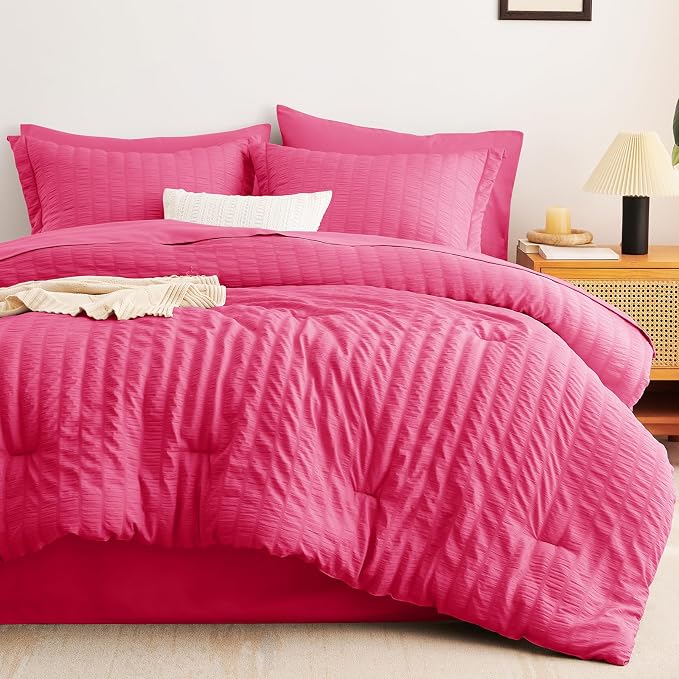 CozyLux King Size Comforter Set Hot Pink Seersucker 7 Pieces Bed in a Bag King - Image 9