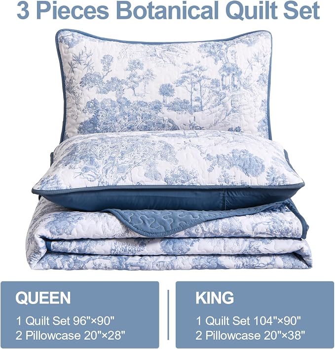 WONGS BEDDING Blue Quilt Set Full Size, 3 Pieces Botanical Bedspreads Set - Image 4
