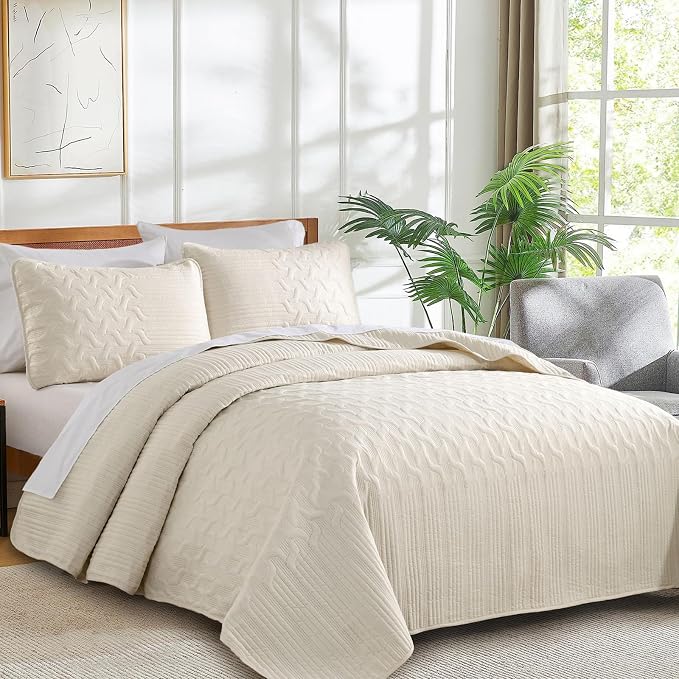 Yiran California King Size Beige Quilt Set Lightweight Oversized Bedspread - Image 3
