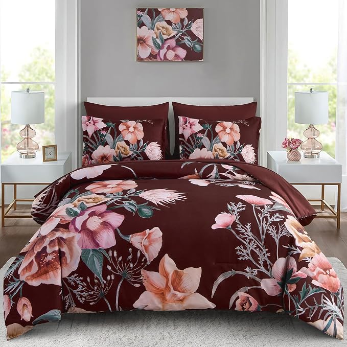Luxudecor Burgundy Floral Comforter Set King Size 7 Piece, Flower Bed in a Bag by Luxudecor