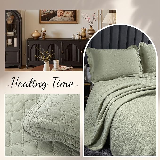 ROOMLIFE Quilt Set King Size 3D Floral Embroidery Pattern 3-Piece Cotton - Image 6