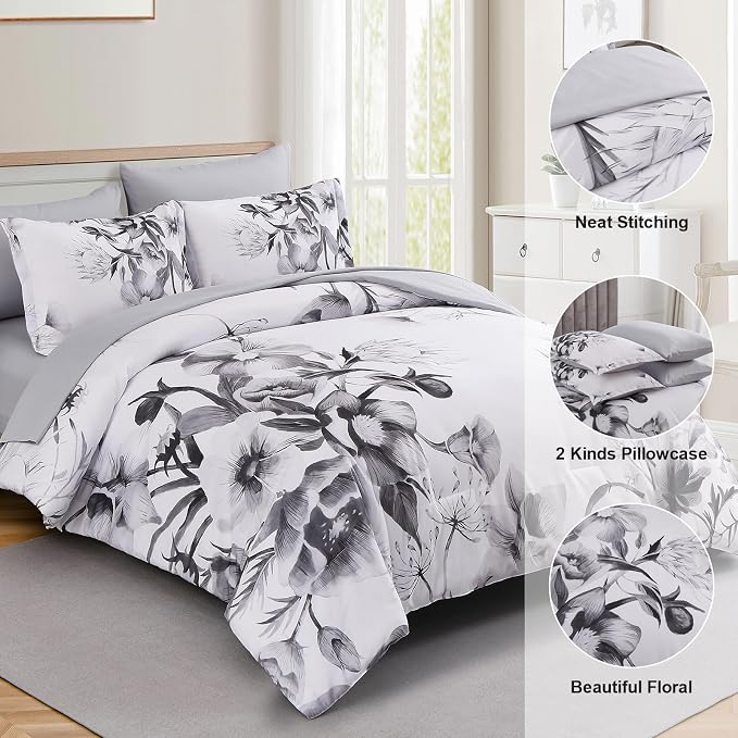 Luxudecor Floral Comforter Set King Size 7 Piece, Elegant Ink Comforter Bedding - Image 6