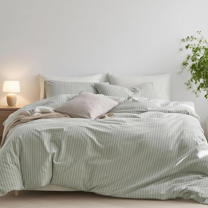 Nayoroom Green Striped Duvet Cover Queen Size 100% Washed Cotton White by Nayoroom