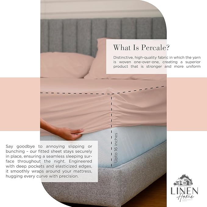Linen Home 100% Cotton Percale Sheets Twin Size, Brushed Rose, Deep Pocket - Image 4