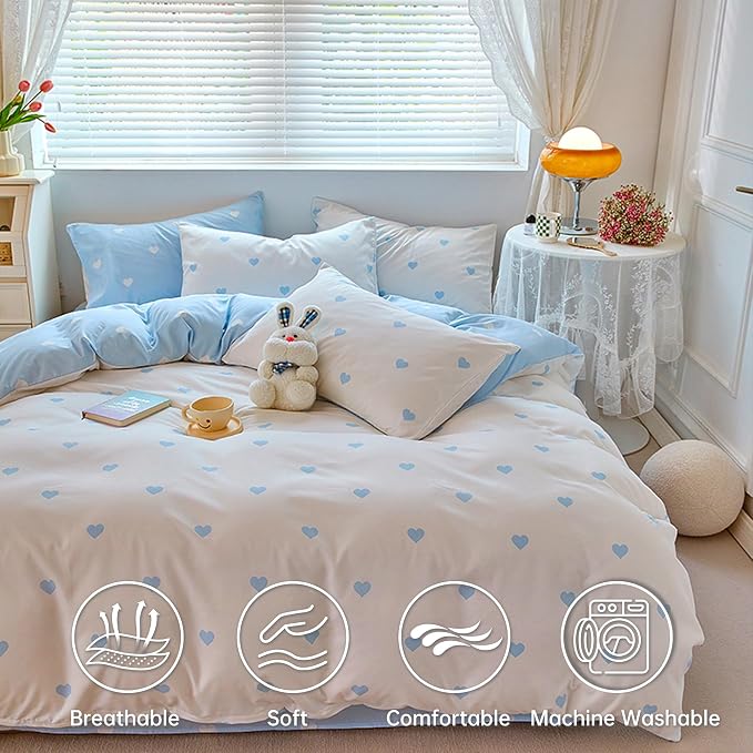 BOLINLIVING Cute Duvet Cover King Size, Reversible Light Blue & White Heart - Image 3