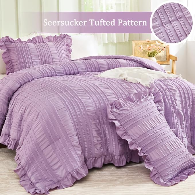 WONGS BEDDING Purple Comforter Set King, 3 Pieces Ruffle Farmhouse Shabby Chic - Image 2