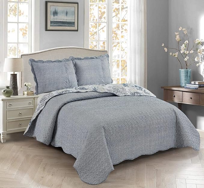 Brilliant Sunshine Blue Toile in Beige and Ivory Patches, 3-Piece Quilt Set - Image 2