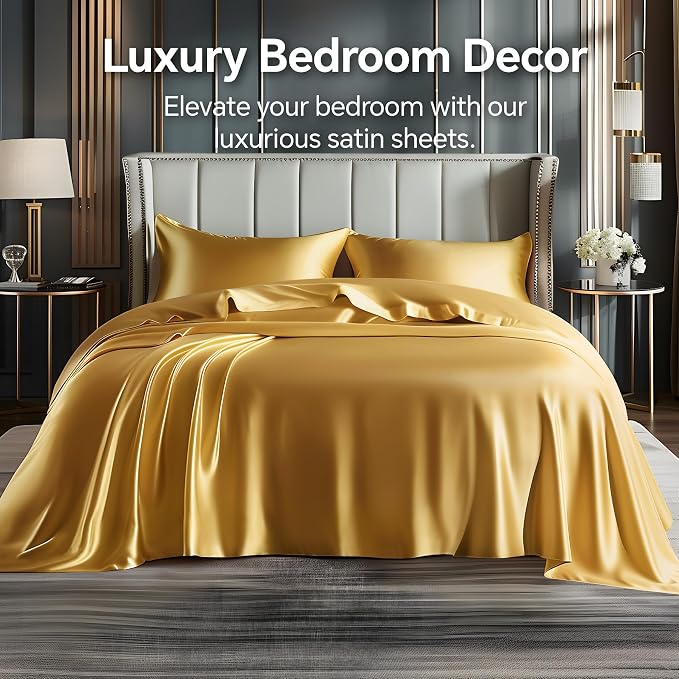 BEDELITE Satin Sheets Queen Size Bed Set, Luxury Soft Gold Silky Sheets - Image 2