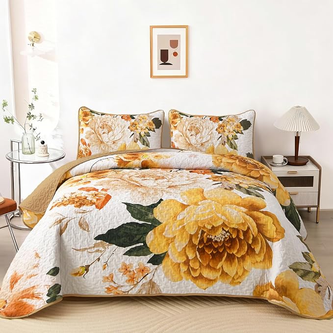 WONGS BEDDING Floral Quilt Set Yellow Queen, Quilted Printed Lightweight by WONGSBEDDING