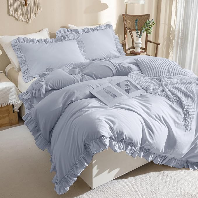 QSH Washed Cotton Ruffle Duvet Cover King Size, 3 Pieces Cornflower Blue - Image 7