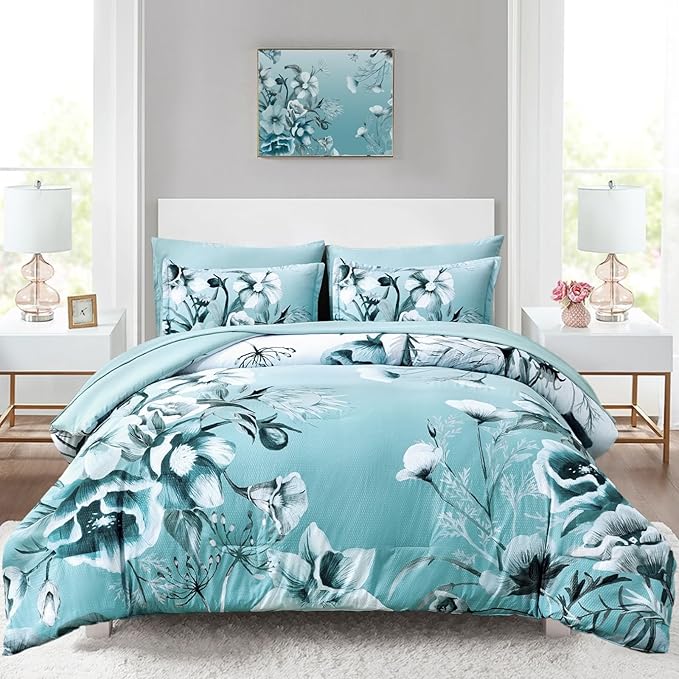 Luxudecor Floral Comforter Set Full Size 7 Piece, Aqua Flower Bed in a Bag by Luxudecor