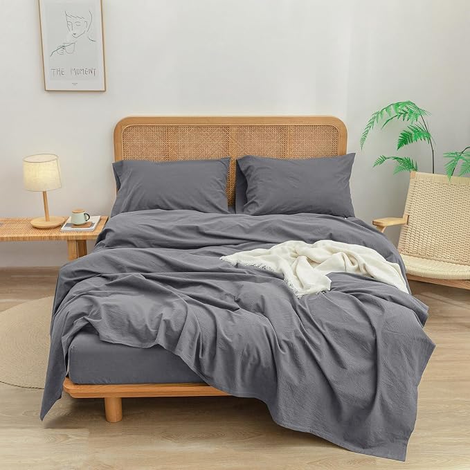 BESTOUCH Flat Sheet Only 100% Washed Cotton Linen Feel Wrinkle-Free, - Image 2